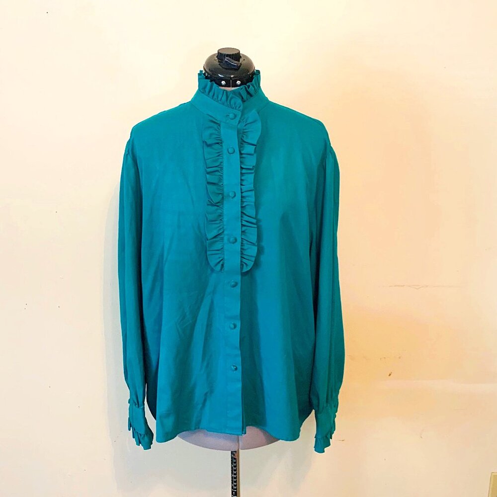 Vintage 80s Teal Ruffle Collar Secretary Poet Blouse - Medium